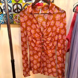 Free People Lucky Shirtee Floral Button Up Shirt in Coffee Sheer Mesh 70s Medium